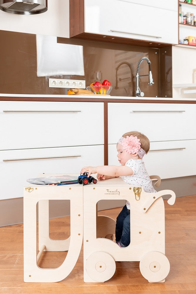 Tour d'apprentissage Montessori 2-en-1 – Tabouret & Table